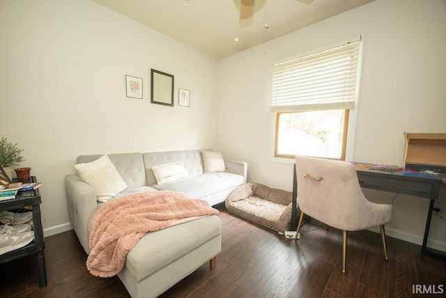 1831/1833 S Maxwell St, Bloomington, IN 47401 - living area featuring a ceiling fan, wood finished floors, a desk, and baseboards