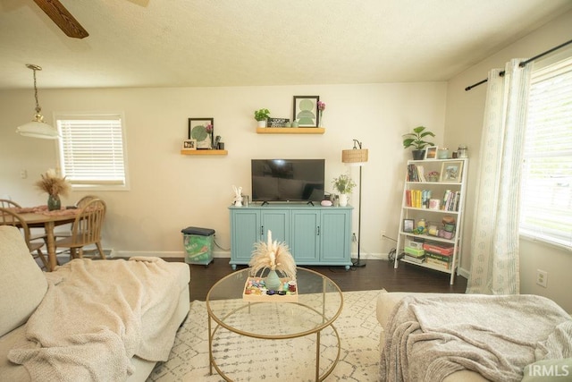 1831/1833 S Maxwell St, Bloomington, IN 47401 - living area with baseboards, plenty of natural light, dark wood-style flooring, and ceiling fan