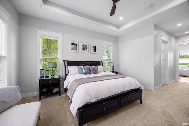 8086 Shepardson Creek Dr, Lafayette, IN 47905 - bedroom featuring light carpet, baseboards, multiple windows, a raised ceiling, and recessed lighting