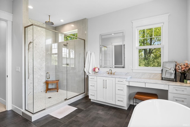 8086 Shepardson Creek Dr, Lafayette, IN 47905 - full bathroom featuring a shower stall, vanity, recessed lighting, a freestanding bath, and wood finished floors