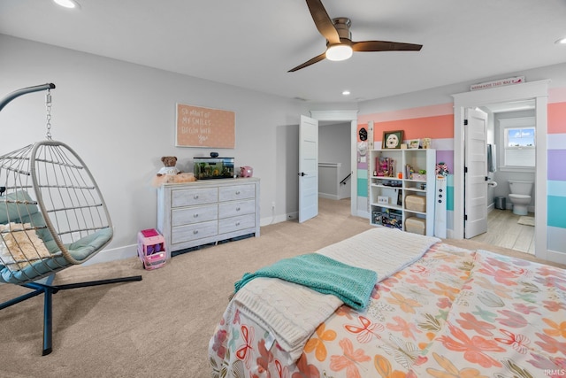 8086 Shepardson Creek Dr, Lafayette, IN 47905 - bedroom featuring recessed lighting, carpet, baseboards, ensuite bath, and a ceiling fan
