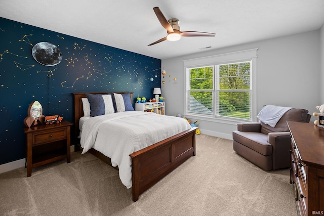 8086 Shepardson Creek Dr, Lafayette, IN 47905 - bedroom with light carpet, an accent wall, a ceiling fan, and baseboards