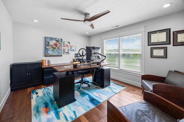 8086 Shepardson Creek Dr, Lafayette, IN 47905 - home office with a ceiling fan, baseboards, wood finished floors, and recessed lighting