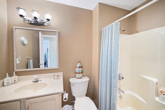 bathroom featuring shower / bathtub combination with curtain, toilet, and vanity