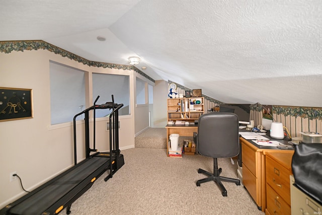 office space with lofted ceiling, carpet floors, and a textured ceiling