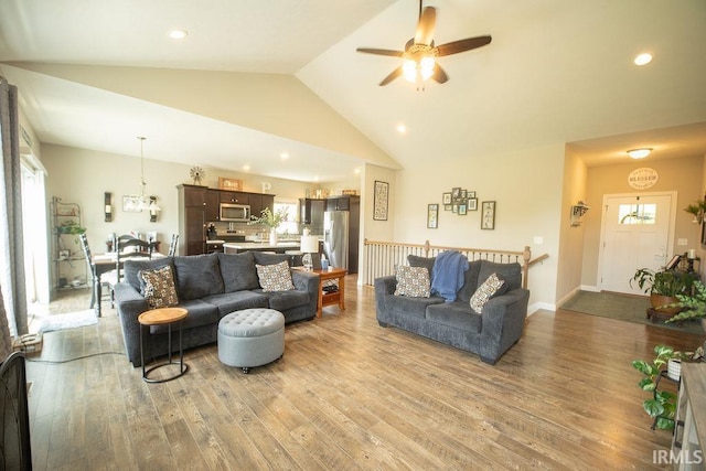 3417 S Tulip Ave, Bloomington, IN 47403 - living room with ceiling fan, wood-type flooring, lofted ceiling, and recessed lighting