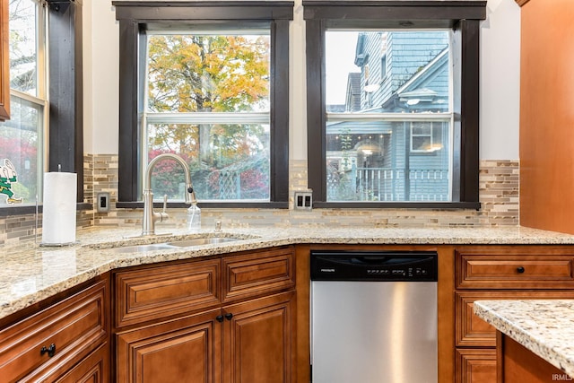 1026 N Michigan St, South Bend, IN 46617 - kitchen with dishwasher, a sink, tasteful backsplash, and light stone counters