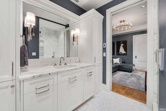 202 W Berry St Unit 810, Fort Wayne, IN 46802 - bathroom with a stall shower, a chandelier, vanity, ensuite bathroom, and recessed lighting