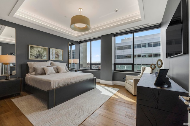 202 W Berry St Unit 810, Fort Wayne, IN 46802 - bedroom featuring a tray ceiling, hardwood / wood-style floors, and baseboards