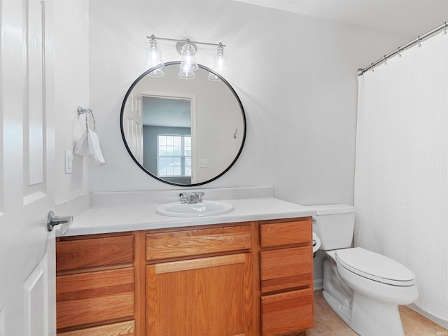 11515 Ballycastle Pl, Fort Wayne, IN 46818 - bathroom with toilet, vanity, tile patterned floors, and curtained shower