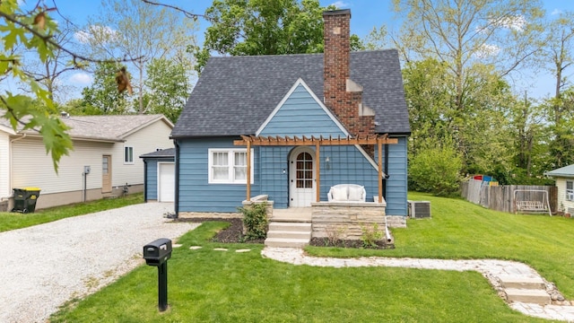 view of front of home featuring driveway, a pergola, a chimney, and roof with shingles