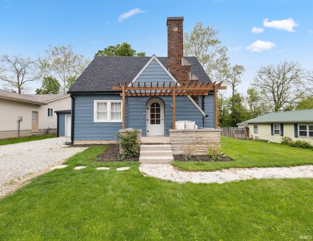 view of front facade with a pergola, a chimney, a front lawn, gravel driveway, and a shingled roof