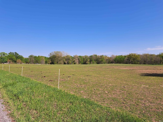 view of green lawn featuring a view of rural / pastoral area and a forest view
