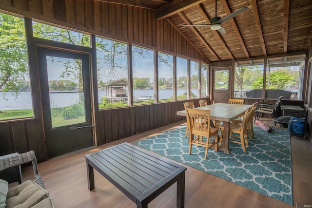 5002 E Oriole Dr, Monticello, IN 47960 - sunroom / solarium featuring a water view, ceiling fan, and outdoor dining space