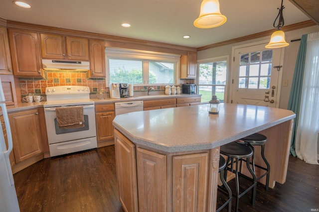 5002 E Oriole Dr, Monticello, IN 47960 - kitchen featuring white appliances, under cabinet range hood, light countertops, a sink, and crown molding