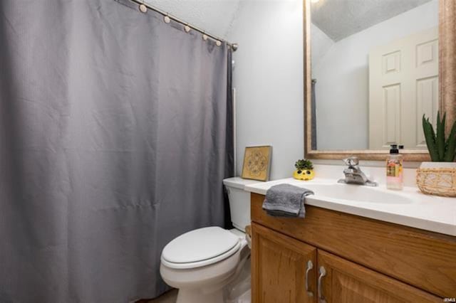 full bath featuring toilet, vanity, and curtained shower