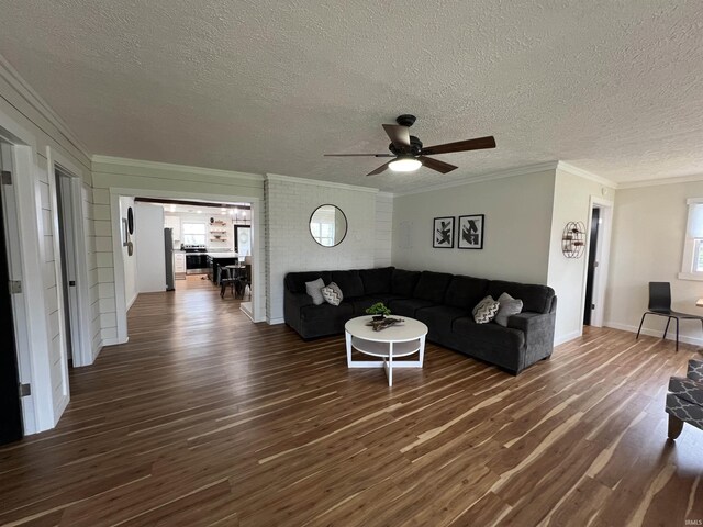 18065 Buzzard Roost Rd, Magnet, IN 47520 - living room with dark wood-style floors, plenty of natural light, ceiling fan, crown molding, and a textured ceiling