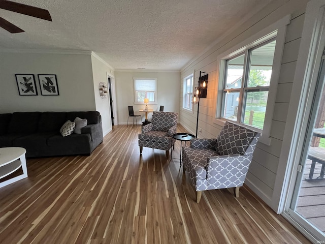 18065 Buzzard Roost Rd, Magnet, IN 47520 - living room with wood finished floors, ornamental molding, a textured ceiling, and baseboards