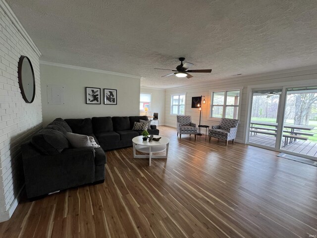 18065 Buzzard Roost Rd, Magnet, IN 47520 - living room featuring wood finished floors, ceiling fan, a textured ceiling, ornamental molding, and brick wall