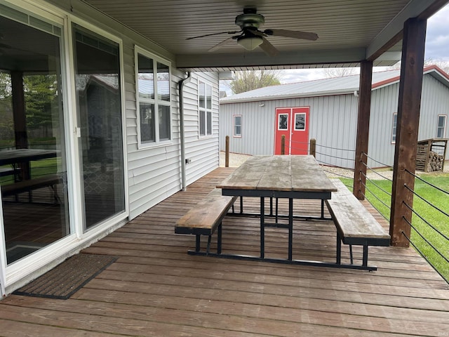 18065 Buzzard Roost Rd, Magnet, IN 47520 - wooden deck featuring a ceiling fan and outdoor dining space