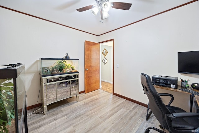 home office with wood finished floors, ceiling fan, and baseboards
