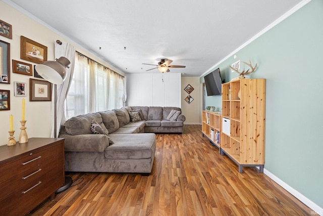 living room featuring wood finished floors, ceiling fan, crown molding, and baseboards