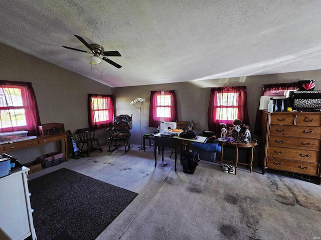 130 W 2nd St, Rochester, IN 46975 - home office with a textured ceiling, vaulted ceiling, and ceiling fan