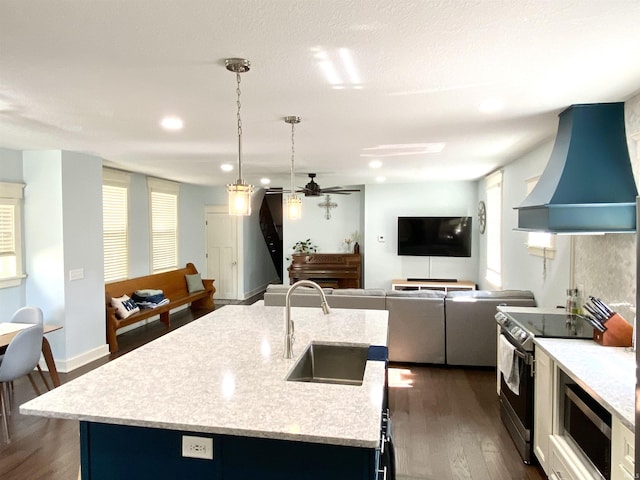 kitchen featuring a sink, premium range hood, range with electric stovetop, stainless steel microwave, and dark wood finished floors