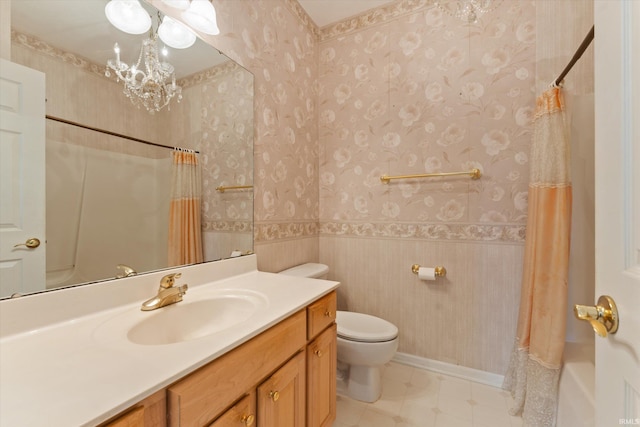 3821 Emerald Bay St, Mishawaka, IN 46545 - full bathroom featuring toilet, wallpapered walls, vanity, a shower with shower curtain, and a chandelier