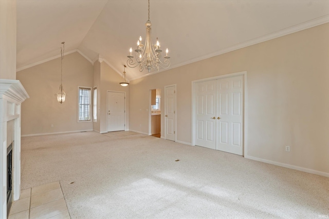 3821 Emerald Bay St, Mishawaka, IN 46545 - unfurnished living room featuring a chandelier, light colored carpet, a fireplace with flush hearth, baseboards, and high vaulted ceiling