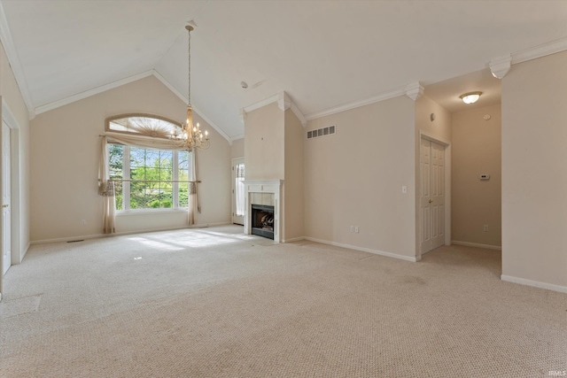 3821 Emerald Bay St, Mishawaka, IN 46545 - unfurnished living room with ornamental molding, a chandelier, baseboards, carpet, and a fireplace with flush hearth
