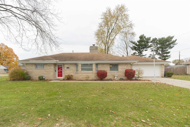 305 Dean St, South Bend, IN 46614 - single story home featuring a chimney, concrete driveway, a garage, and stone siding