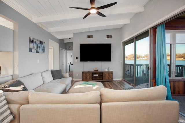 living area featuring a ceiling fan, wood finished floors, baseboards, and wooden ceiling