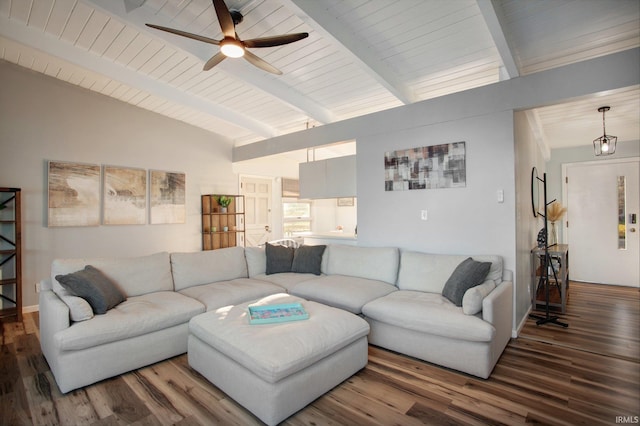 living room with wood finished floors, ceiling fan, and wooden ceiling