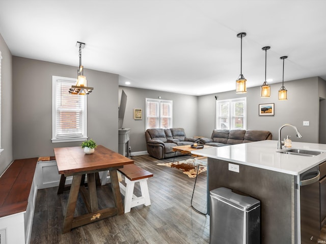 541 S Kelsey Ave, Evansville, IN 47714 - kitchen with a sink, dark wood finished floors, light countertops, and decorative light fixtures