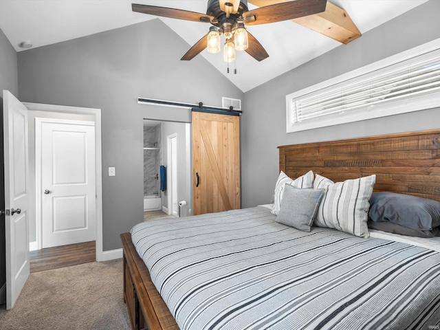 541 S Kelsey Ave, Evansville, IN 47714 - bedroom featuring lofted ceiling, carpet floors, a barn door, ceiling fan, and baseboards