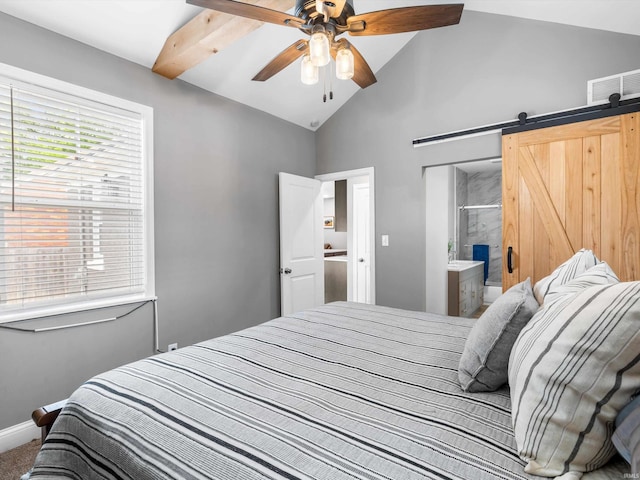 541 S Kelsey Ave, Evansville, IN 47714 - bedroom with lofted ceiling, baseboards, a ceiling fan, a barn door, and carpet floors
