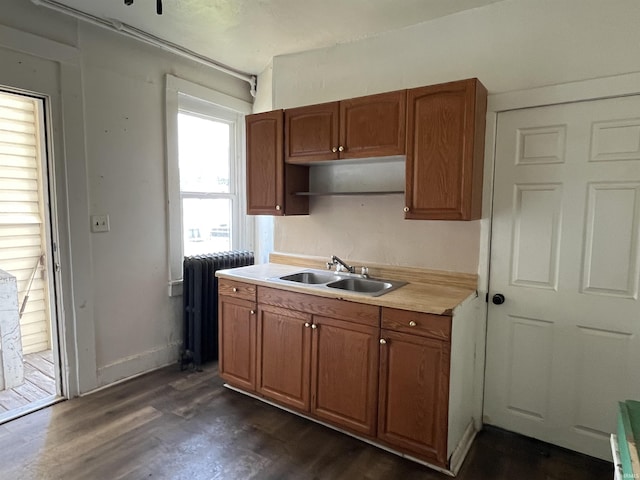 115 E 2nd St, Peru, IN 46970 - kitchen featuring radiator, dark wood-type flooring, light countertops, and brown cabinetry