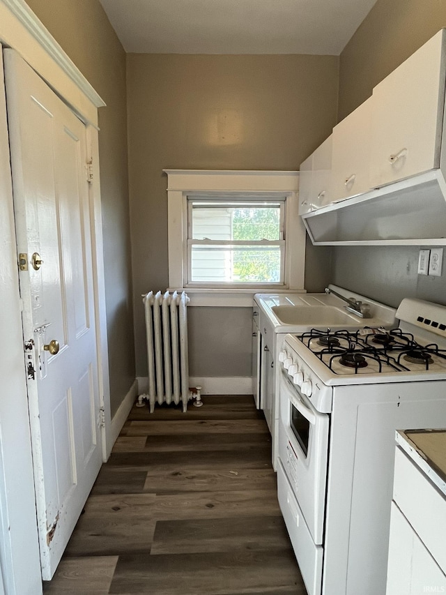 115 E 2nd St, Peru, IN 46970 - kitchen with radiator, white gas range oven, white cabinetry, dark wood-type flooring, and ventilation hood