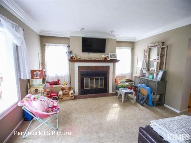 1700 W Taylor St, Kokomo, IN 46901 - living area with ornamental molding, a glass covered fireplace, carpet, and baseboards