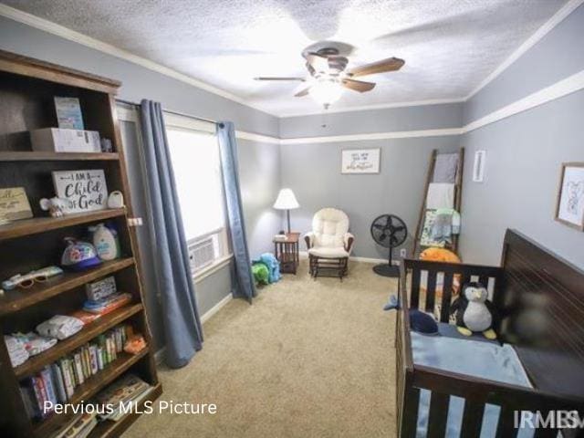 1700 W Taylor St, Kokomo, IN 46901 - bedroom with carpet flooring, a textured ceiling, baseboards, crown molding, and a ceiling fan