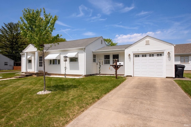 single story home with concrete driveway, a garage, a front yard, and a shingled roof