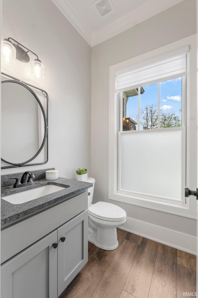 18015 Tullymore Ln, Leo, IN 46765 - half bath with crown molding, vanity, wood finished floors, and toilet