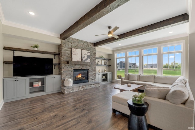 18015 Tullymore Ln, Leo, IN 46765 - living room with a stone fireplace, beam ceiling, dark wood-type flooring, ornamental molding, and ceiling fan