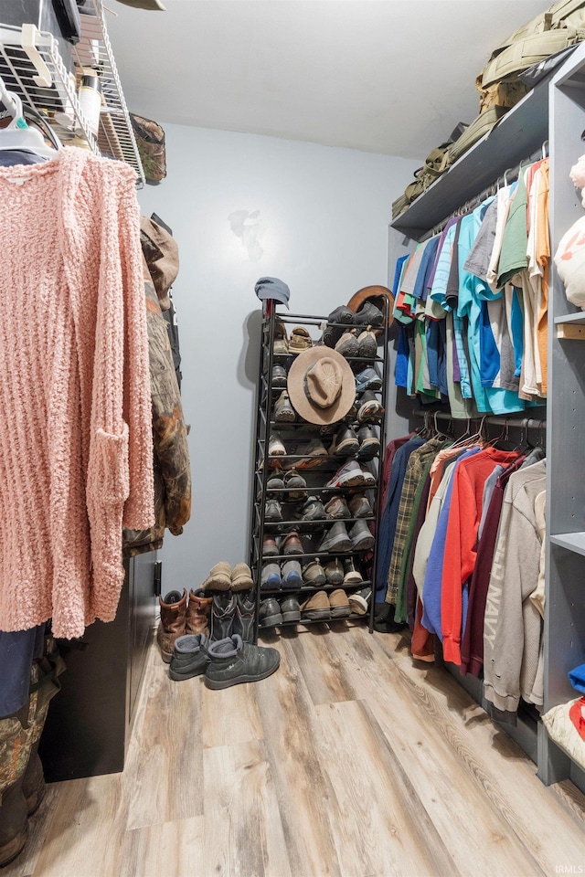 walk in closet with wood finished floors