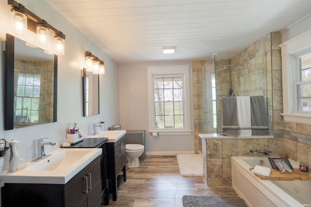 bathroom featuring wood finished floors, healthy amount of natural light, and a shower stall