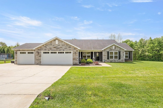 ranch-style home featuring stone siding, a garage, driveway, and a front yard