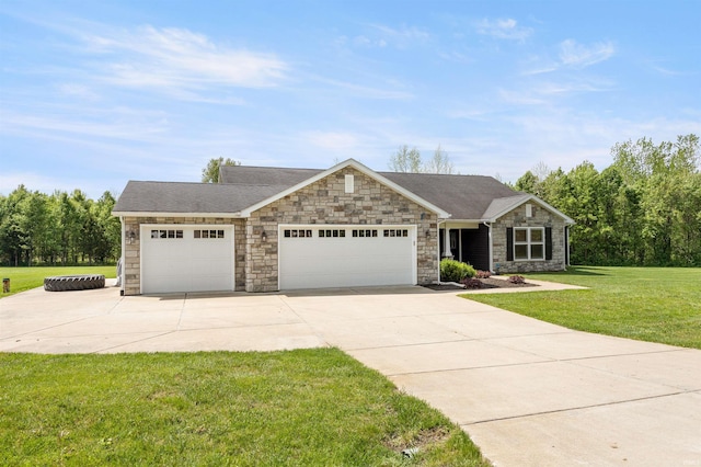 view of front facade featuring stone siding, concrete driveway, an attached garage, a front lawn, and a shingled roof