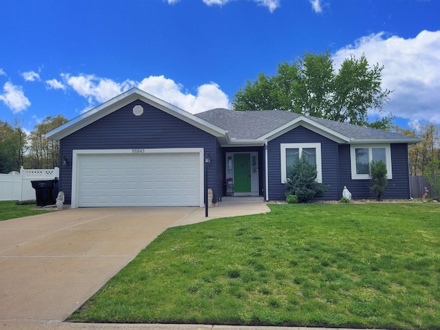 ranch-style home with a garage, concrete driveway, and a shingled roof