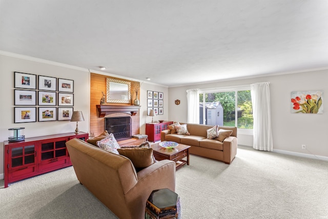 625 Cumberland Ave, West Lafayette, IN 47906 - carpeted living room featuring a brick fireplace, ornamental molding, and baseboards